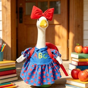 May include: A plush goose toy wearing a red bow on its head and a blue dress with an apple pattern and the letters ABC on the chest. The goose has a yellow beak and is carrying a red backpack. The toy is positioned among stacks of books and apples.