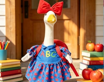 Back to School Porch Goose Outfit, 23 Inch Lawn Goose Costume, ABC Apple Dress with Bow & Backpack, Fall Front Porch Decor Gift