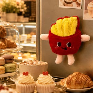 Puede incluir: Un imán de nevera de peluche con forma de recipiente rojo de patatas fritas amarillas y una cara de dibujos animados. El juguete suave presenta dos ojos negros, una pequeña boca bordada y brazos y piernas de color rosa claro en los lados.