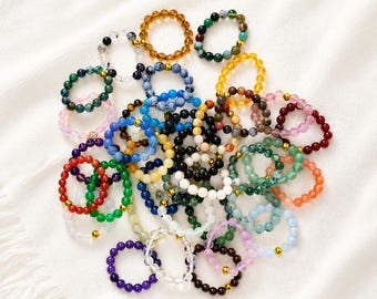 Natural Crystal Stacking Ring, Handmade 4mm Smooth Beads With Gold Beads Stretch Ring for Women