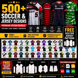 Peut inclure: Un ensemble numérique de plus de 500 designs de maillots de football présentant divers motifs, couleurs et styles. L'affichage comprend des exemples de maillots, des modèles techniques pour le devant, le dos, les manches et les shorts, ainsi que des icônes indiquant les formats de fichiers.