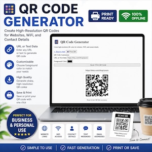 May include: A digital QR code generator interface displayed on a laptop screen, featuring options for URL or text data, foreground color customization, and print-ready output. The graphic includes icons for website links, WiFi, contact details, and email.