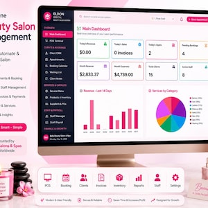 Peut inclure: Un écran d'ordinateur affichant le tableau de bord du système de gestion de salon de beauté Eldon Digital. L'écran présente des données sur les revenus, les ventes, les rendez-vous et les réservations avec un graphique à secteurs et des graphiques à barres. L'interface inclut des menus de navigation pour la gestion des points de vente, des clients, du personnel et des stocks.
