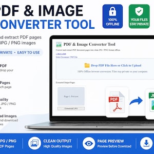 May include: A laptop screen displaying a PDF and Image Converter Tool interface with text prompts to upload files, extract pages, and download images. The graphic includes icons for PDF, JPG, and PNG formats, along with labels like 100% Offline.