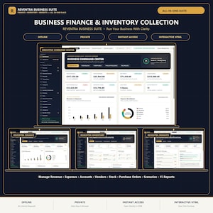 Könnte beinhalten: Reventra Business Suite Software-Oberfläche auf einem Laptop und drei Tablets. Das Dashboard zeigt Business Finance & Inventory Collection, Executive Command Center sowie Datenvisualisierungen wie Balken- und Kreisdiagramme.