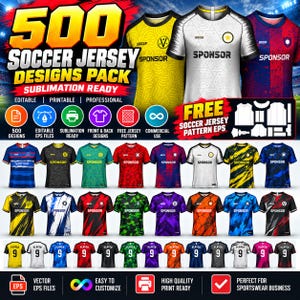Pode incluir: Uma coleção digital de 500 designs de camisas de futebol para impressão por sublimação. A imagem exibe várias camisas esportivas coloridas com diversos padrões, logotipos e a palavra SPONSOR impressa no peito.