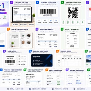 May include: A 20-in-1 digital tools bundle infographic displaying various software interfaces including an invoice creator, barcode generator, QR code generator, PDF to JPG converter, ebook creator, catalog maker, quotation maker, and receipt generator.