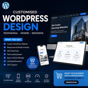 Może przedstawiać: Cyfrowa reklama usług projektowania WordPress z monitorem komputerowym, tabletem i smartfonem wyświetlającymi układy stron internetowych. Tekst zawiera Customised WordPress Design oraz Boost Your Business.
