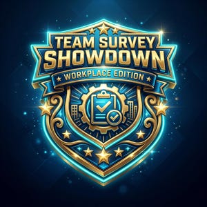 以下が含まれることがあります： TEAM SURVEY SHOWDOWN WORKPLACE EDITIONというテキストが記された金と青のエンブレム。中央にはクリップボードとチェックマークが描かれた歯車のアイコンがあり、星、装飾的なスクロール模様、そして光る水色の縁取りで構成されています。