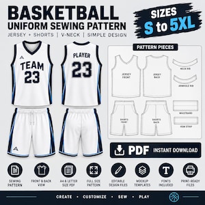 Peut inclure: Un patron de couture pour uniforme de basket-ball avec un maillot et un short blancs à accents bleu marine et bleu. Le design inclut des vues avant et arrière, des pièces de patron étiquetées et du texte indiquant les tailles S à 5XL.