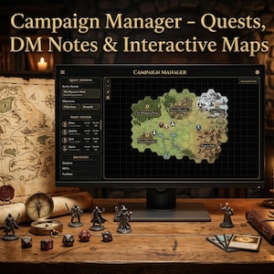May include: A computer monitor displaying a Campaign Manager interface with a hexagonal map, quest journal, and party roster. The screen shows the text Campaign Manager - Quests, DM Notes & Interactive Maps above a wooden desk with miniatures.