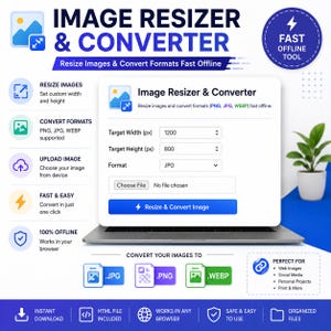 Pode incluir: Uma interface digital para uma ferramenta de redimensionamento e conversão de imagens exibida na tela de um laptop. Inclui campos de entrada para largura e altura, um menu suspenso de formato e um botão de redimensionar e converter.