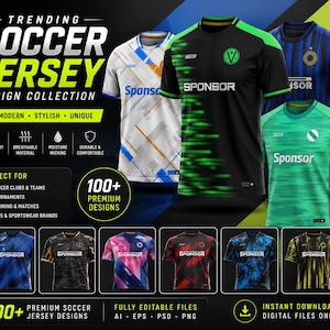 Può includere: Una collezione di maglie da calcio a maniche corte con vari motivi grafici e combinazioni di colori, tra cui nero e verde, bianco e blu, e verde tinta unita. Il display include il testo Trending Soccer Jersey Design Collection.