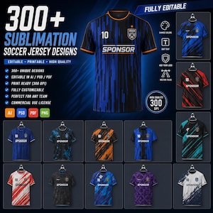 Può includere: Una collezione digitale di oltre 300 design di maglie da calcio a sublimazione con vari schemi di colore, motivi e il testo SPONSOR. La grafica mostra una maglia centrale blu e nera con il numero 10, circondata da molteplici varianti.