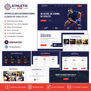 May include: A digital display of the Athletic Aim sports club and outdoor games Elementor template kit for WordPress, featuring a dark blue and red colour scheme, website layout previews, and text detailing responsive design and pre-built templates.