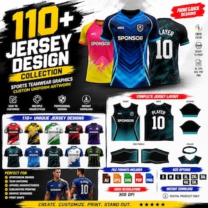 May include: A digital collection of 110+ sports jersey designs featuring various colour schemes, patterns, and teamwear graphics. The display includes full jersey mockups, flat layout templates, sleeve patterns, and collar options in AI, EPS, SVG, PDF, and PNG formats.