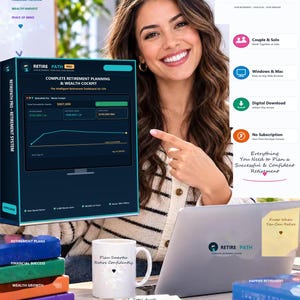 May include: A digital retirement planning software package titled RetirePath Pro, featuring a dashboard display, a white mug with the text Plan Smarter, Retire Confidently, a spiral notebook, a laptop, and stacked books labeled with financial themes.