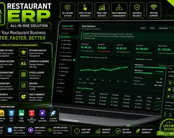 Peut inclure: Une interface logicielle ERP de restaurant numérique affichée sur un écran d'ordinateur portable et de smartphone. Le tableau de bord au thème sombre présente du texte et des graphiques verts montrant les indicateurs commerciaux et la gestion.