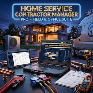 Può includere: Un portatile e un tablet robusti con il software Home Service Contractor Manager Pro, circondati da tubi in rame, una chiave giratubi, un manometro, un multimetro digitale e una cartellina con un preventivo di lavoro approvato.
