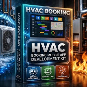 Może przedstawiać: Prostokątne pudełko z oprogramowaniem z napisem HVAC BOOKING MOBILE APP DEVELOPMENT KIT. Przód przedstawia cyfrowy pulpit nawigacyjny z wykresami i mapami. Trzy ikony na dole wskazują aplikację offline, Windows i Mac oraz brak subskrypcji.