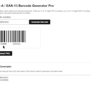 May include: A digital interface for a UPC-A and EAN-13 barcode generator. The screen displays the title, an input field with the number 036000291452, a Generate Barcode button, a generated black and white barcode image, and a Download PNG button.