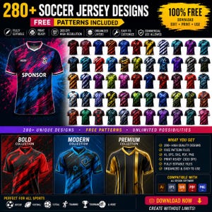 Pode incluir: Uma coleção digital de mais de 280 designs de camisolas de futebol com vários padrões e esquemas de cores. A imagem apresenta uma camisola grande azul e rosa, uma grelha de opções mais pequenas e três designs em destaque em vermelho, azul e ouro.