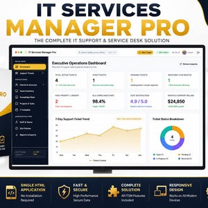 Peut inclure: Logiciel IT Services Manager Pro affichant un tableau de bord des opérations exécutives avec des métriques de tickets, un graphique linéaire de tendance sur 7 jours et un diagramme circulaire de répartition du statut des tickets.