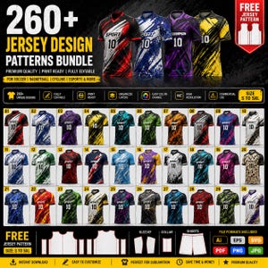 May include: A digital bundle of 260+ jersey design patterns featuring various color schemes and abstract graphics. The display includes 30 numbered examples of athletic shirts with the text SPORT 10, plus templates for sleeves, collars, and shorts.