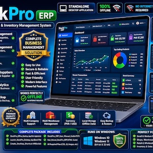 May include: A digital advertisement for StockPro ERP, an all-in-one business and inventory management system. The graphic features a laptop displaying a dashboard interface, surrounded by lists of software features, icons, and text detailing offline functionality, Windows compatibility, and multi-company support.