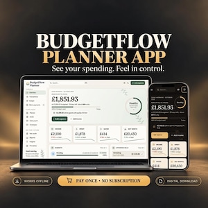 Può includere: Un computer portatile e uno smartphone mostrano l'interfaccia dell'app BudgetFlow Planner con dati finanziari, inclusi reddito, spese e patrimonio netto. Lo schermo mostra il testo BudgetFlow Planner App, See your spending.
