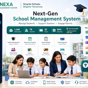 May include: A digital dashboard for the EduNexa School Management System featuring a dark sidebar menu, statistics for students, staff, and classes, and icons for modules like attendance, exams, and fees, with a group of students and a teacher.