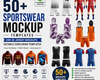 50+ mallar för sportkläder, 3D-mockups för tröjor i CDR, redigerbara CorelDRAW-mallar