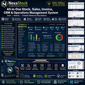 Peut inclure: Tableau de bord du logiciel de gestion d'entreprise NexaStock affiché sur un écran, incluant des modules de stock, ventes, facturation et CRM. L'interface présente des graphiques, des résumés d'inventaire et des outils avec un thème sombre.