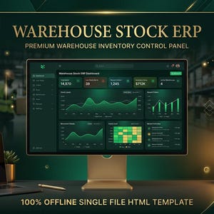 May include: A computer monitor displaying a dark green Warehouse Stock ERP dashboard with inventory control data, charts, and graphs. The screen shows text including Warehouse Stock ERP, Premium Warehouse Inventory Control Panel, and 100% Offline Single File HTML Template.