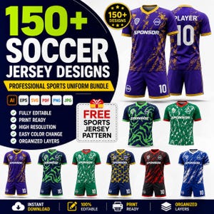 Puede incluir: Un paquete digital de más de 150 diseños de camisetas de fútbol con diversas combinaciones de colores y patrones. La colección incluye plantillas de uniformes deportivos profesionales con logotipos de patrocinadores, números y formatos editables.