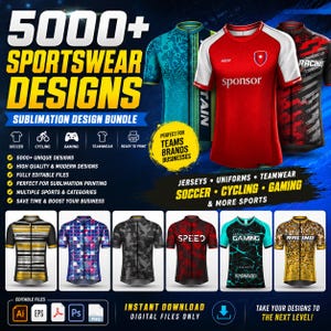 Peut inclure: Un ensemble numérique de plus de 5000 modèles de vêtements de sport pour l'impression par sublimation, présentant divers styles de maillots, notamment pour le football, le cyclisme et le jeu. L'image montre plusieurs modèles de maillots athlétiques.