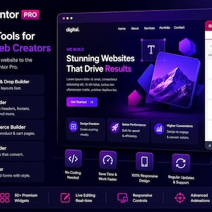 May include: A dark purple promotional graphic for Elementor Pro featuring a website interface mockup, a sidebar with widget icons, and text listing features like Visual Drag & Drop Builder, Theme Builder, WooCommerce Builder, and Popup Builder.