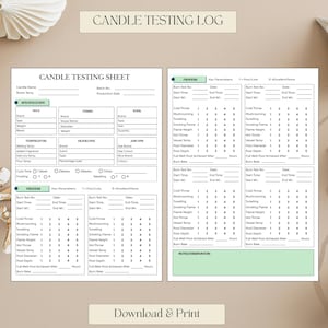 Può includere: Un foglio di registro per test di candele bianco con testo nero e accenti verdi. Il documento include sezioni per nome della candela, numero di lotto, data di produzione, cera, contenitore, stoppino, temperatura e scale di valutazione.