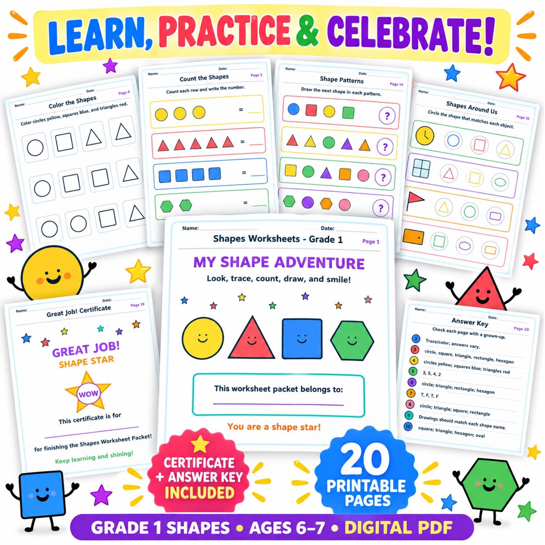 Shapes Worksheets for Grade 1 | Printable Worksheets, 20-page Geometry ...