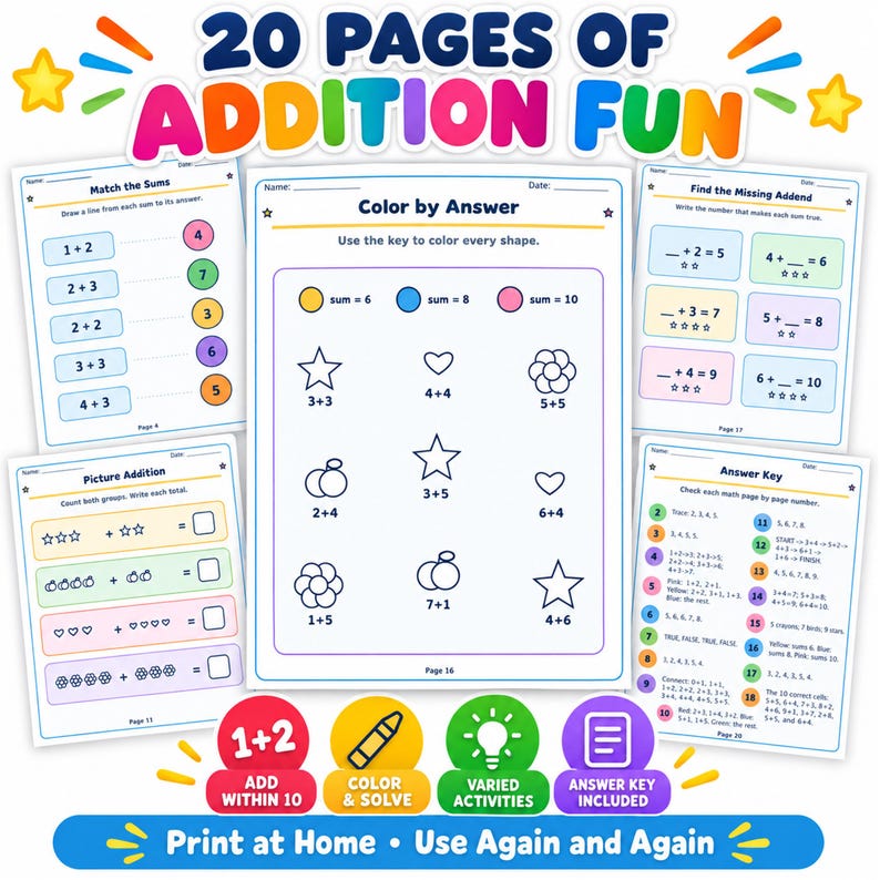 Addition Coloring Worksheets for Grade 1 | Printable Worksheets, Math ...