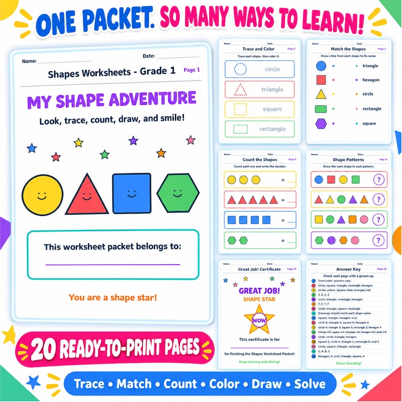 Shapes Worksheets for Grade 1 | Printable Worksheets, 20-page Geometry ...