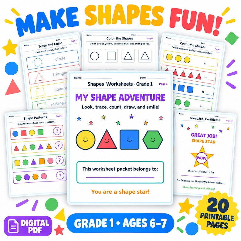 Shapes Worksheets for Grade 1 | Printable Worksheets, 20-page Geometry ...