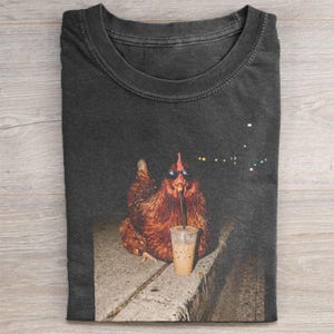 Chicken Drinking Iced Coffee Shirt, Funny Meme T-Shirt, Cursed Image Graphic Tee, Trendy Dank Meme Shirt, Animal Lover Gift