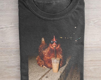 Chicken Drinking Iced Coffee Shirt, Funny Meme T-Shirt, Cursed Image Graphic Tee, Trendy Dank Meme Shirt, Animal Lover Gift