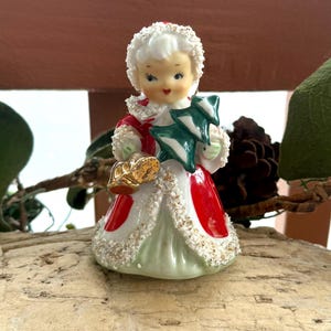 Vintage LEFTON Angel Christmas Bell 1950 MCM Retro Kitsch Angel Christmas Tree Bell Ceramic Spaghetti Trim Angel Girl Bell Ceramic Japan