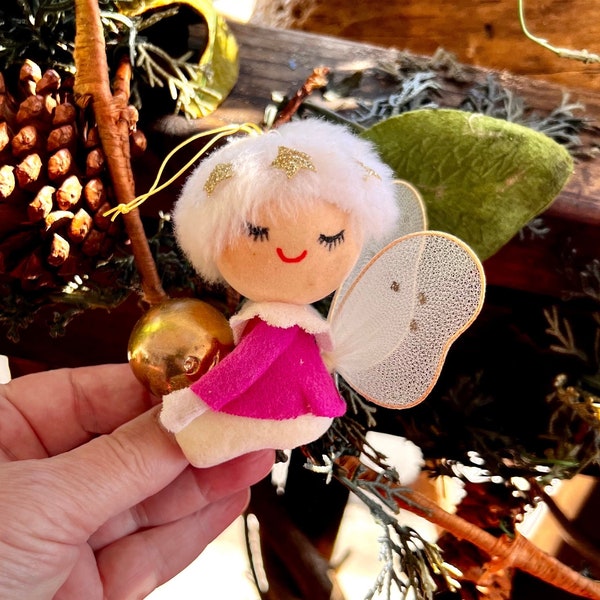 Vintage Pink Pixie Angel Christmas Ornament MCM 1950 1960 Pink Felt Angel Tulle Wings Glitter Star Retro Kitsch Easter Valentine’s Day Decor