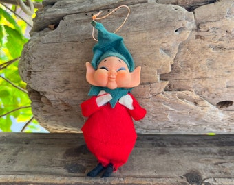 Vintage Elf Pixie Christmas Ornament 1950 1960 Japan Retro Kitsch Elf Blow Mold Plastic Felt Elf Pixie MCM Rubber St Patrick’s Day Decor