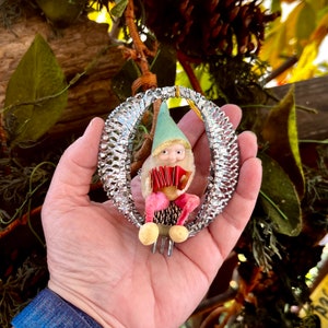 Vintage Mesh Gnome Dwarf Pinecone Christmas Ornament 1940 1950 Shiny Brite Elf Pixie Pipe Cleaner MCM Retro Kitsch Winter Holiday Decor