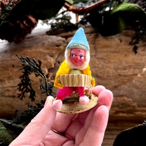 Vintage Clay Elf Pixie Gnome Christmas Ornament 1930 1940 Elf Spun Cotton Retro Kitsch Pinecone Elf  Paper Mache Composite Country Christmas