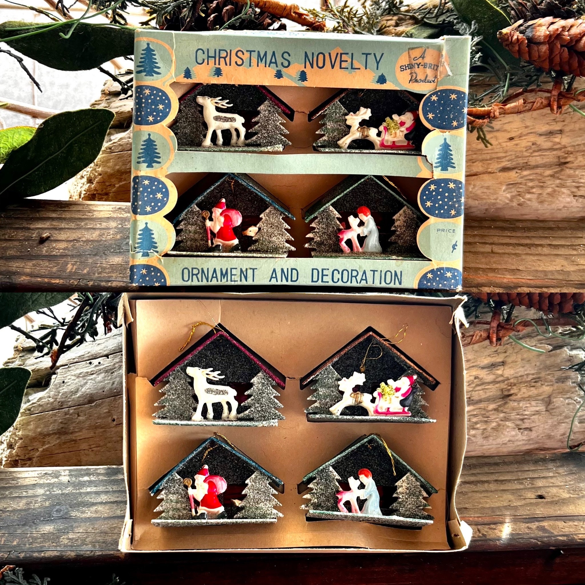 Vintage 1950 1960 Putz Diorama House Christmas Ornament Shiny Brite Celluloid Santa Sleigh Reindeer Putz Angel Deer Putz  Set 4 IOB